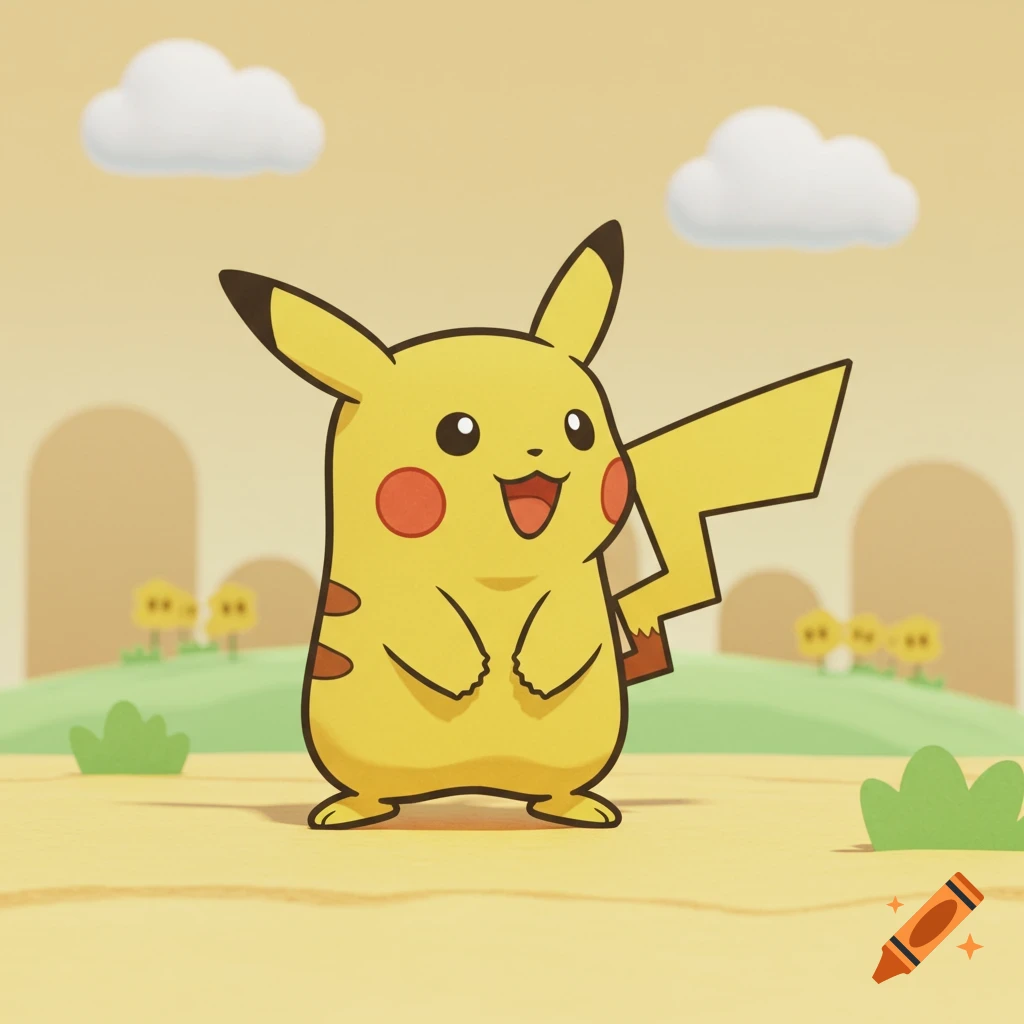 A cheerful Pikachu in Paper Mario style stands in a sunny, stylized landscape with hills and clouds.