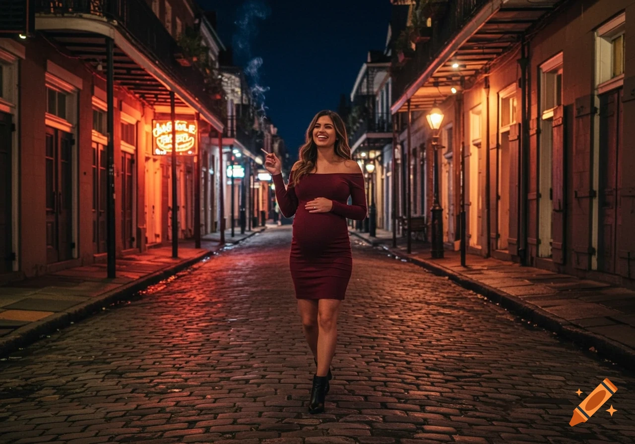 A pregnant woman in a burgundy dress smiles while walking down a cobblestone street at night, holding a cigarette.