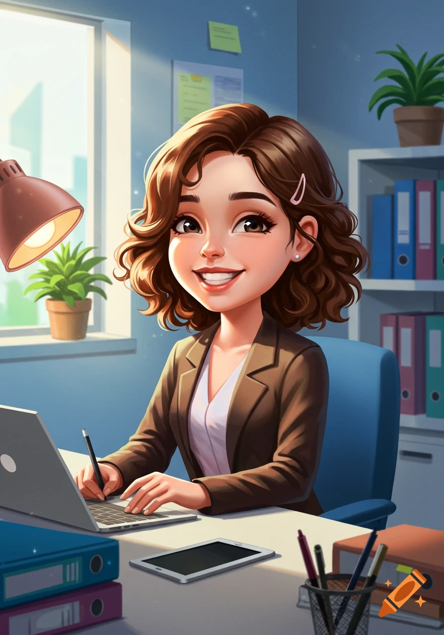 A cute cartoon woman with brown curly hair smiles while working on a laptop at an office desk.
