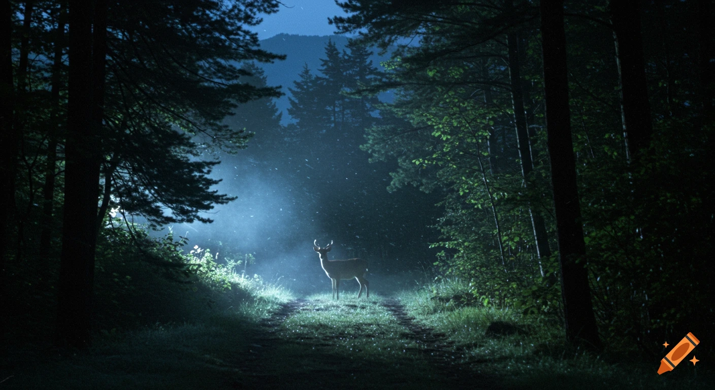 A photorealistic image of a stag standing on a dark forest trail at night, illuminated by a bright blue light.