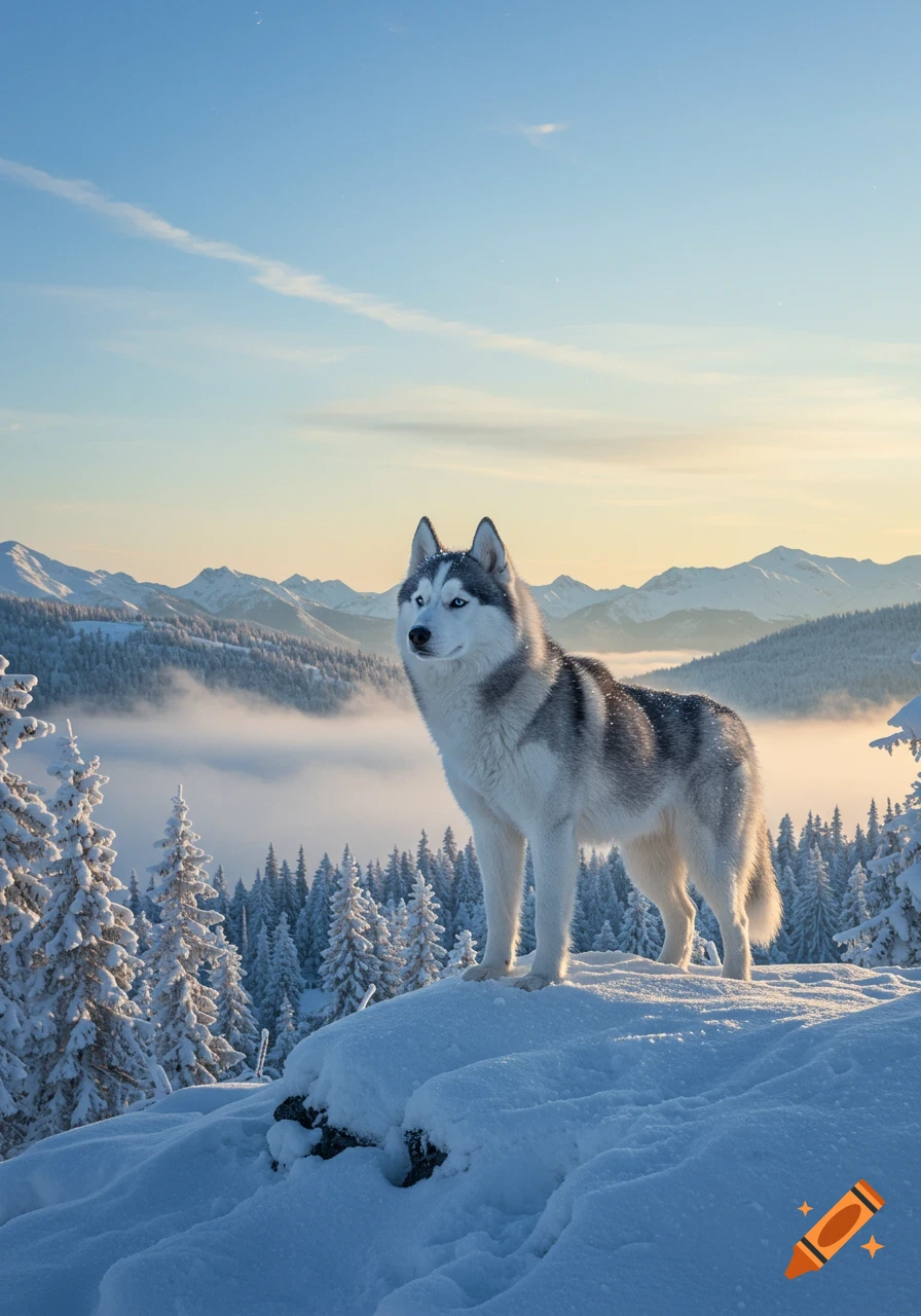 A majestic husky stands on a snowy mountain overlooking a vast winter landscape with pine trees and distant peaks at sunrise.