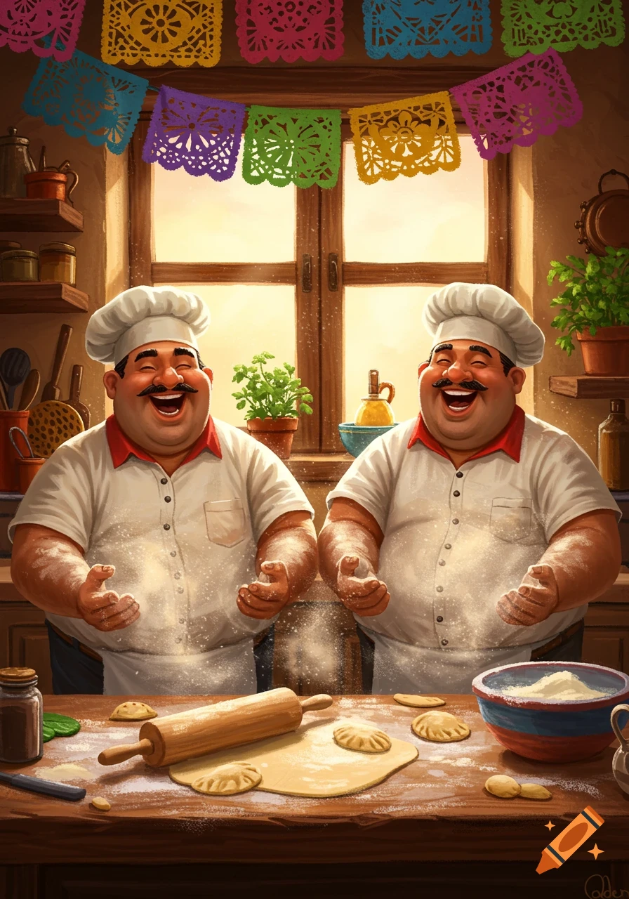 Two jovial chefs, covered in flour, laugh while baking in a kitchen, with colorful papel picado decorations above. Illustrated.