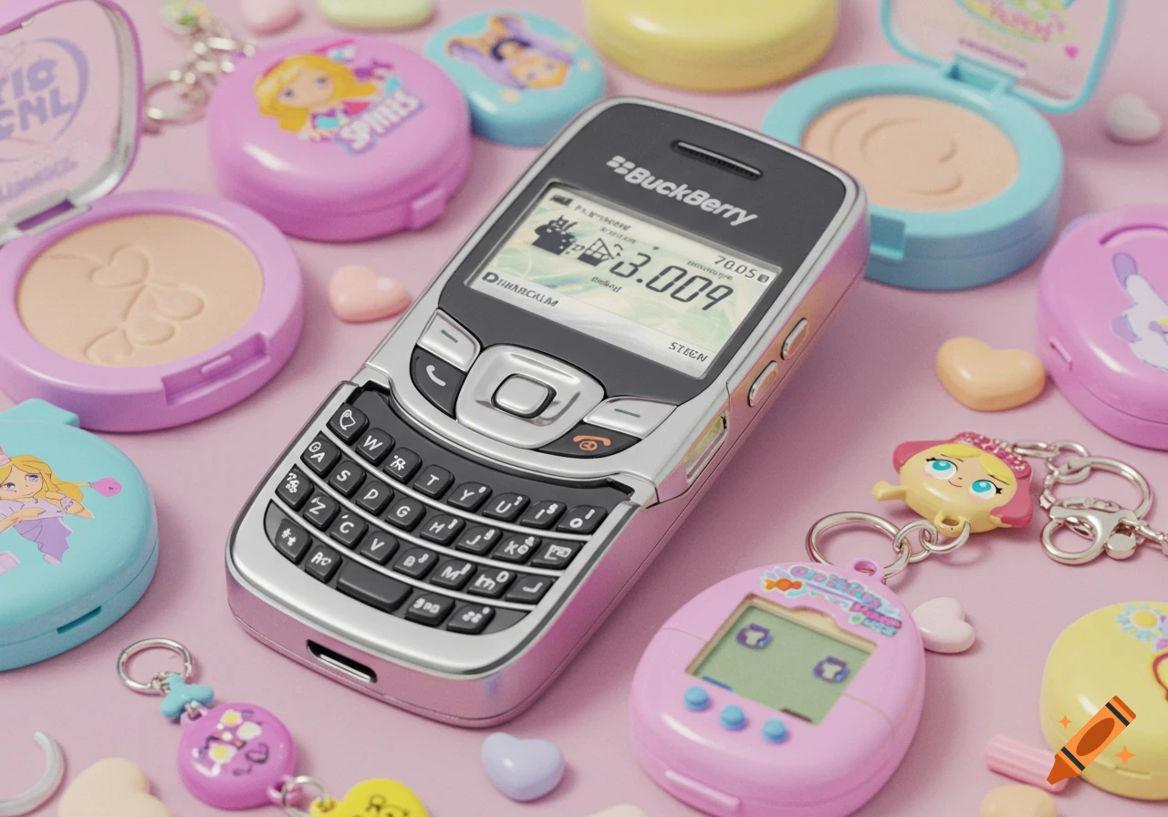 A retro-style silver "BuckBerry" slider phone, pink Tamagotchi-like keychain, and pastel compacts with cartoon characters on a pink background.
