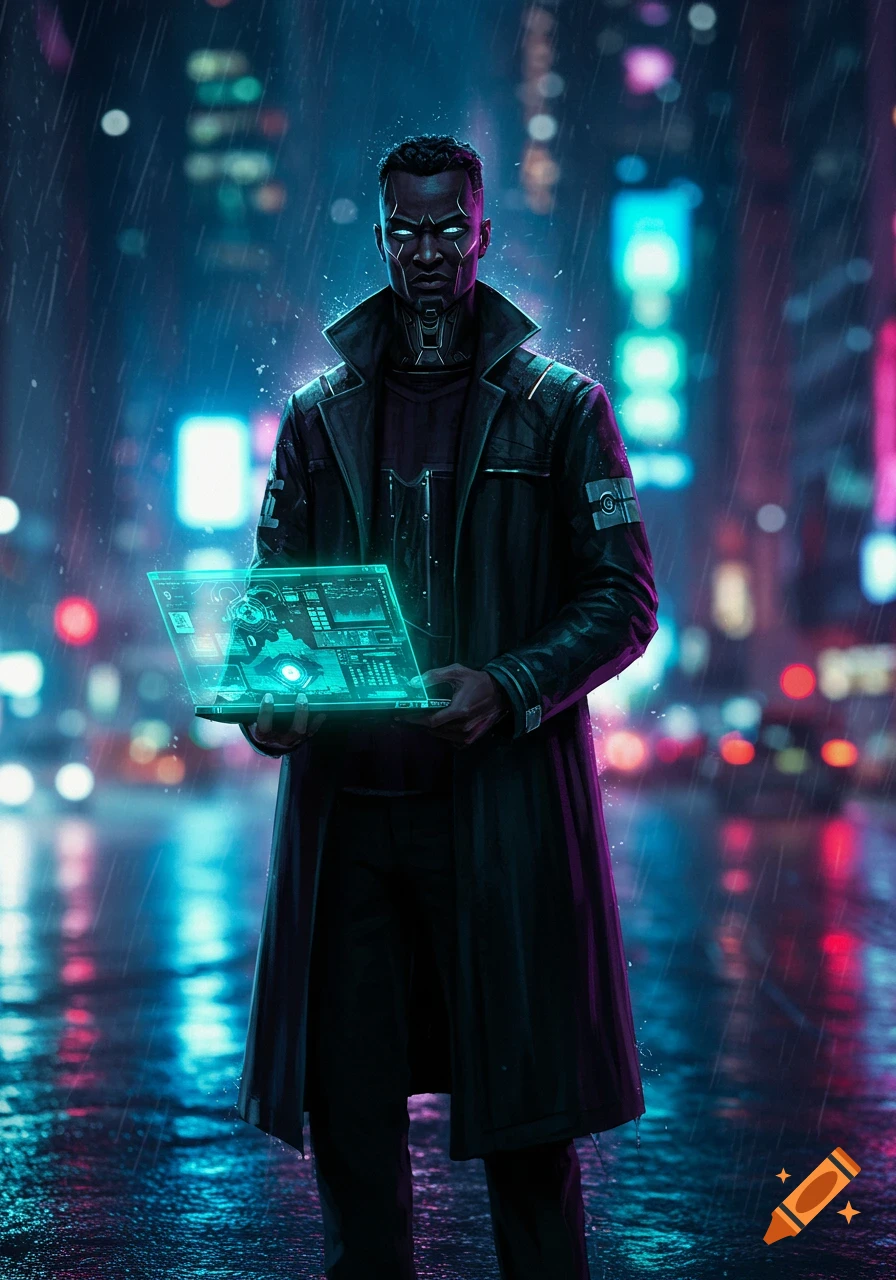 A stylized portrait of a man with glowing white facial markings and a dark trench coat, holding a holographic computer screen in a rainy cyberpunk city scene.