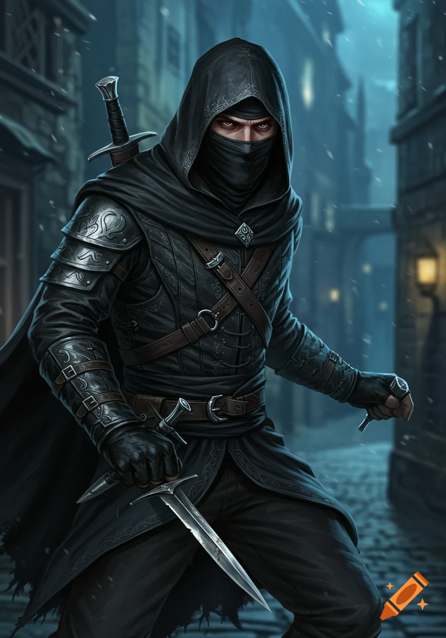 A hooded rogue in dark clothes holds two daggers in a snowy alleyway, digital painting.