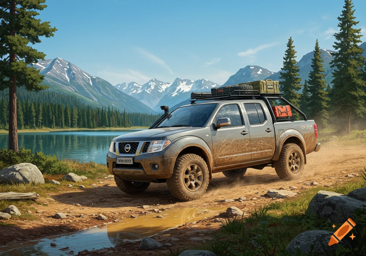 A mud-splattered Nissan Navara pickup truck drives on a dirt path by a lake with pine forests and snowy mountains.