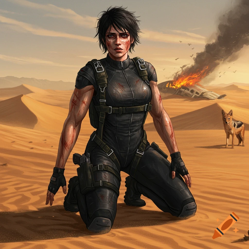 A muscular woman in black tactical gear, covered in cuts, kneels in a desert with a burning plane and a jackal. Stylized artwork.