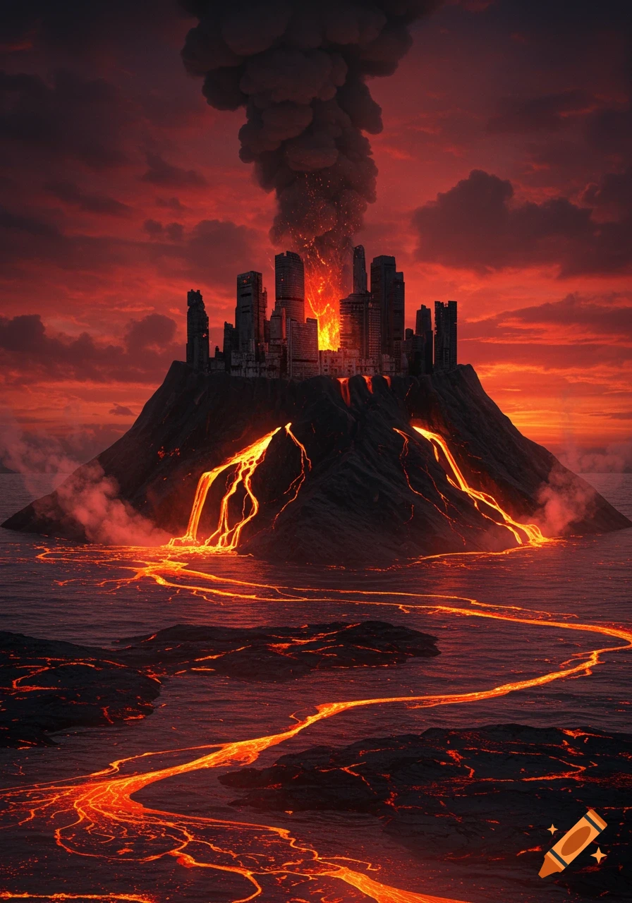 A city on a volcanic island erupting lava into the ocean, set against a fiery red sky.