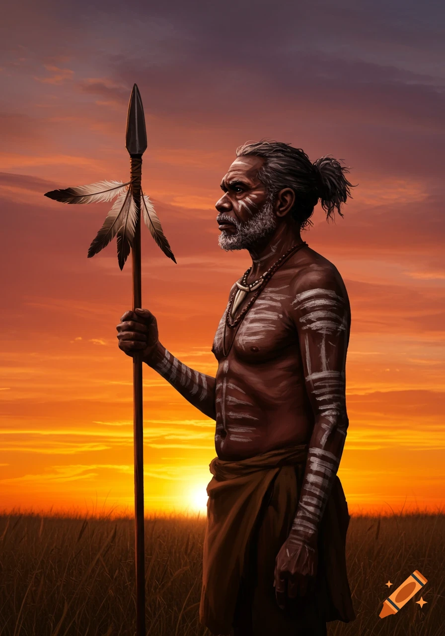Realistic illustration of an Aboriginal man with body paint holding a feathered spear against a fiery sunset and grassy field.