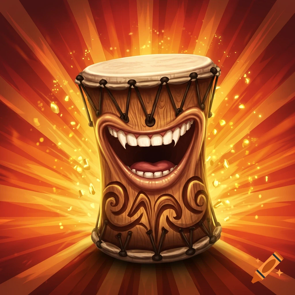 A cartoon conga drum with a wide laughing mouth and sharp teeth, against a bright orange and red sunburst background.