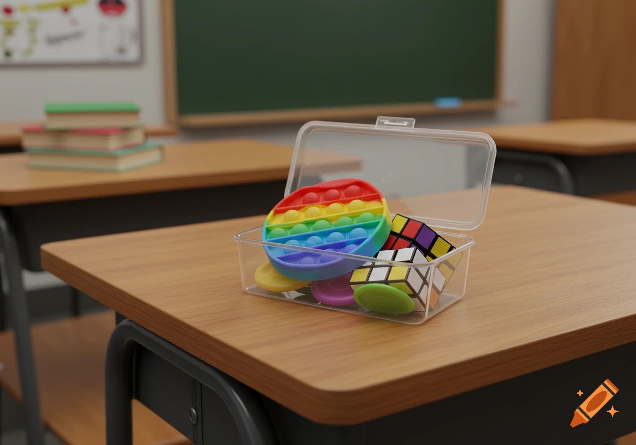 A clear plastic box containing a rainbow pop-it and a Rubik's cube sits on a wooden classroom desk.