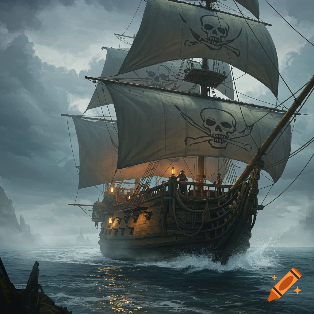 A majestic pirate ship with skull and crossbones sails navigates stormy seas under a dark, cloudy sky.