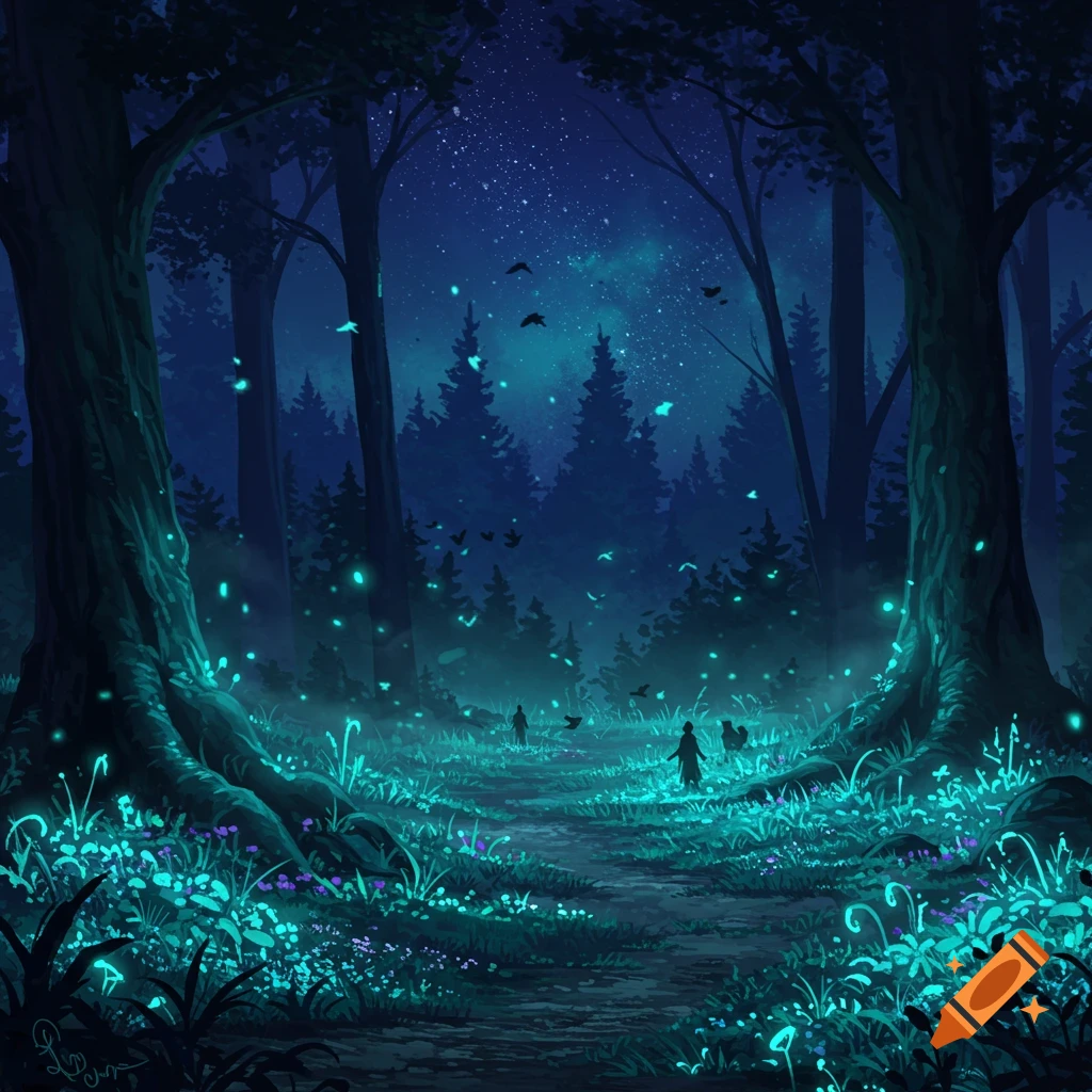 Image of a crossroads between meadows and an enchanted forest at