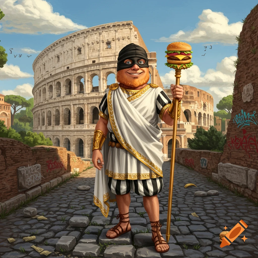 A cartoon Roman character in a black mask holds a burger staff in front of the Colosseum.