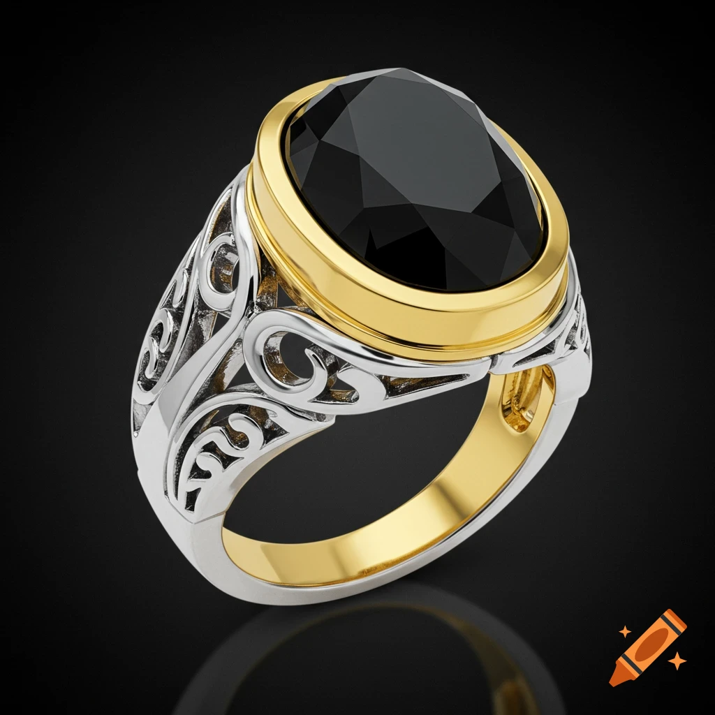 Men's ring with a large oval black gem, a yellow gold band, and white gold arms with intricate scrollwork.