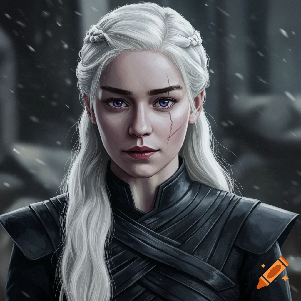 Illustrative portrait of a young woman with long white hair, purple eyes, a scar, and dark leather armor.