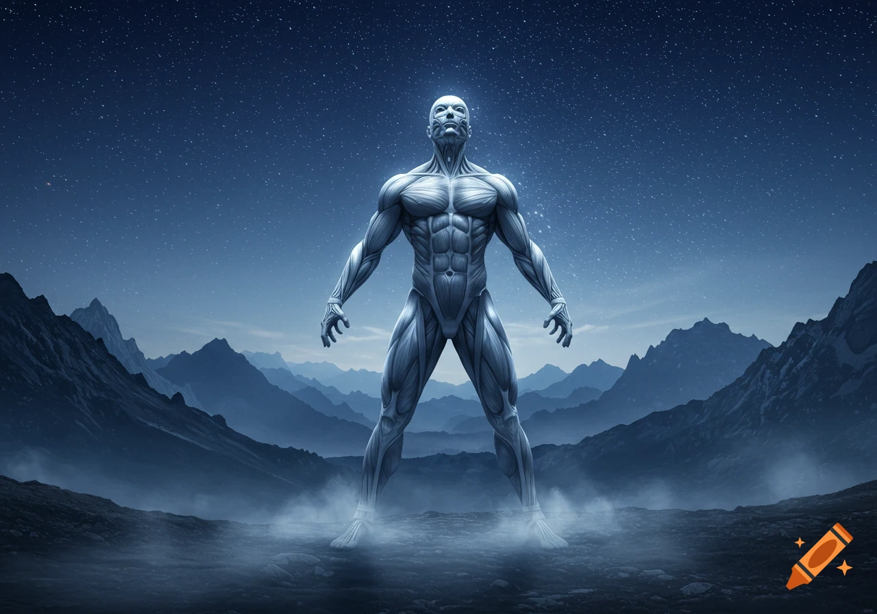 A muscular anatomical figure stands on a misty mountain landscape under a star-filled night sky.