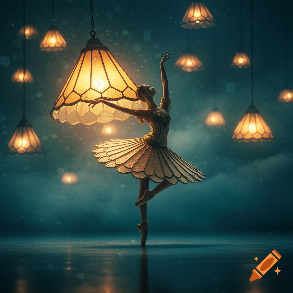 A ballerina wearing a lamp-shade-inspired tutu dances gracefully under numerous glowing hanging lamps in a misty, dark blue setting.