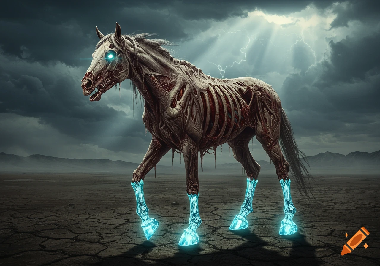 A terrifying skeletal zombie horse with glowing blue hooves and eyes walks across a cracked, barren landscape under a stormy sky with lightning.
