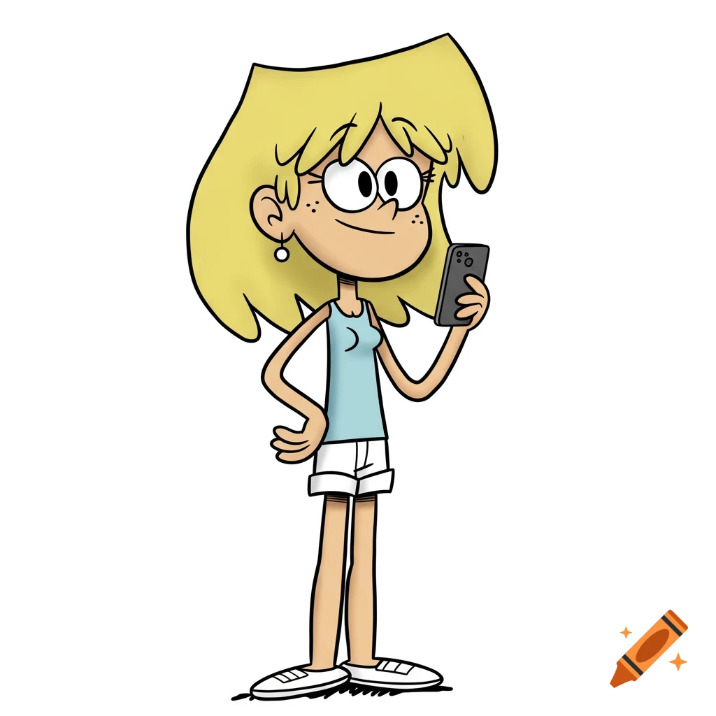 Lori Loud from The Loud House, a blonde cartoon character, holds a smartphone against a white background.