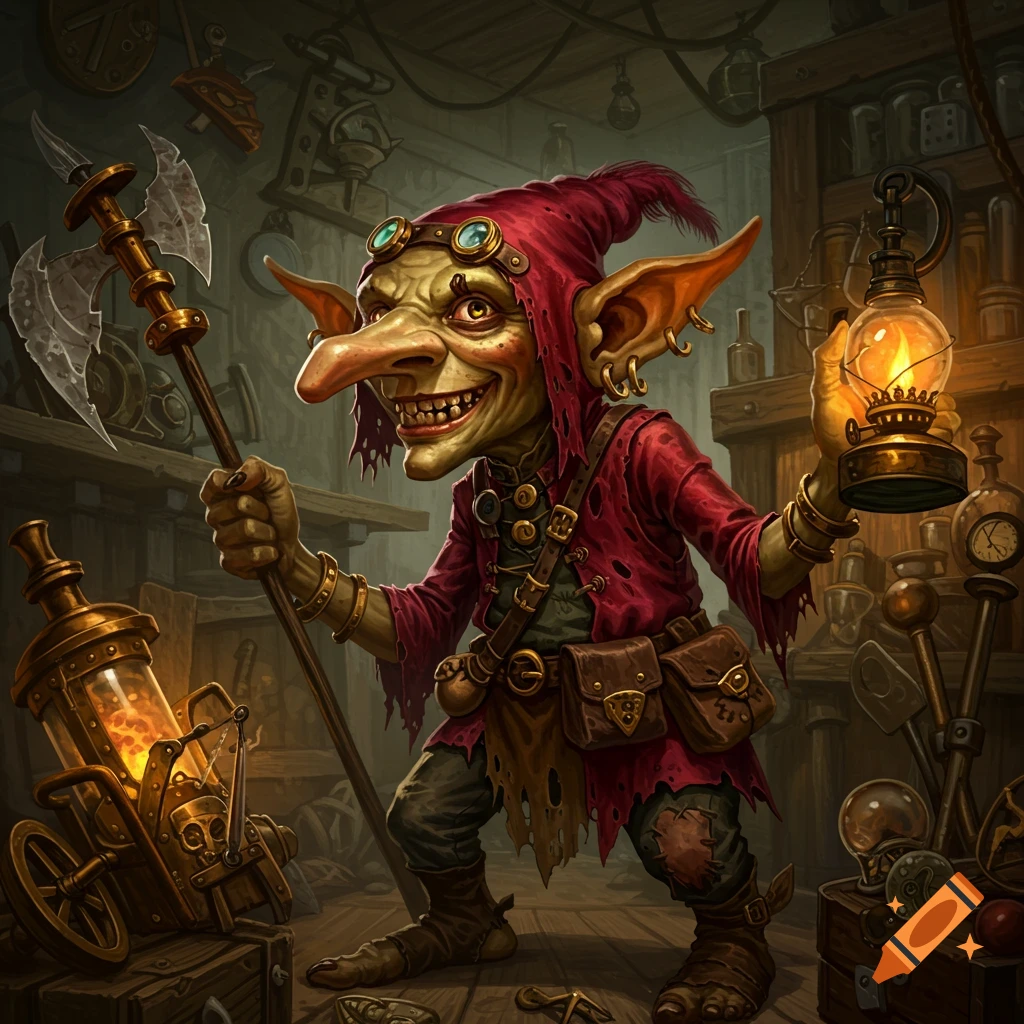 A grinning goblin artificer with a long nose, red hooded garb, and goggles, holding an axe and a glowing lantern in a cluttered workshop.