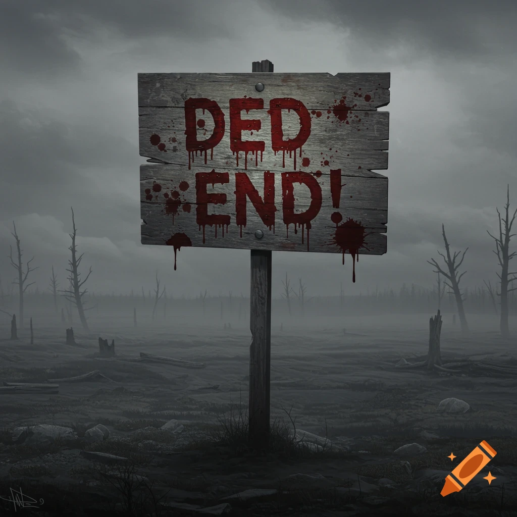 An ominous wooden sign reading 'DED END!' with blood spatter, standing in a desolate, misty landscape with dead trees.