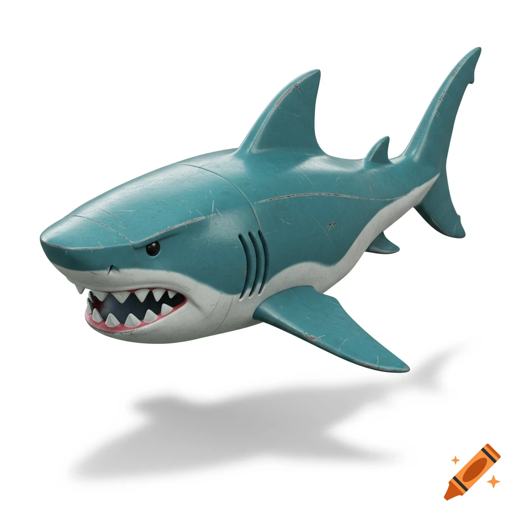 A stylized blue plastic vintage shark toy with an open mouth and sharp teeth on a white background.