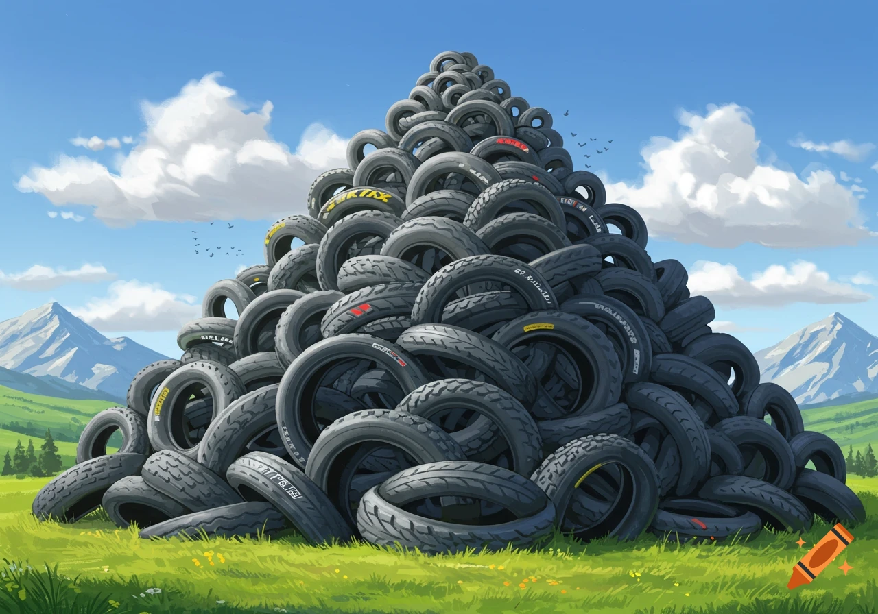 A large pile of vehicle tires shaped like a mountain, in a green grassy field with mountains in the background under a blue sky.