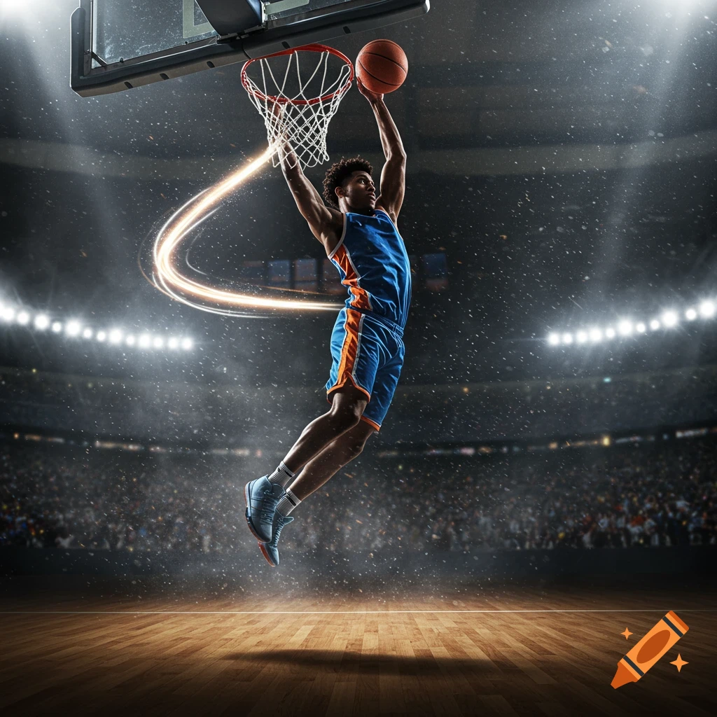 A photorealistic basketball player in blue and orange uniform dunks a ball in a stadium, with dynamic lighting and glowing trails.