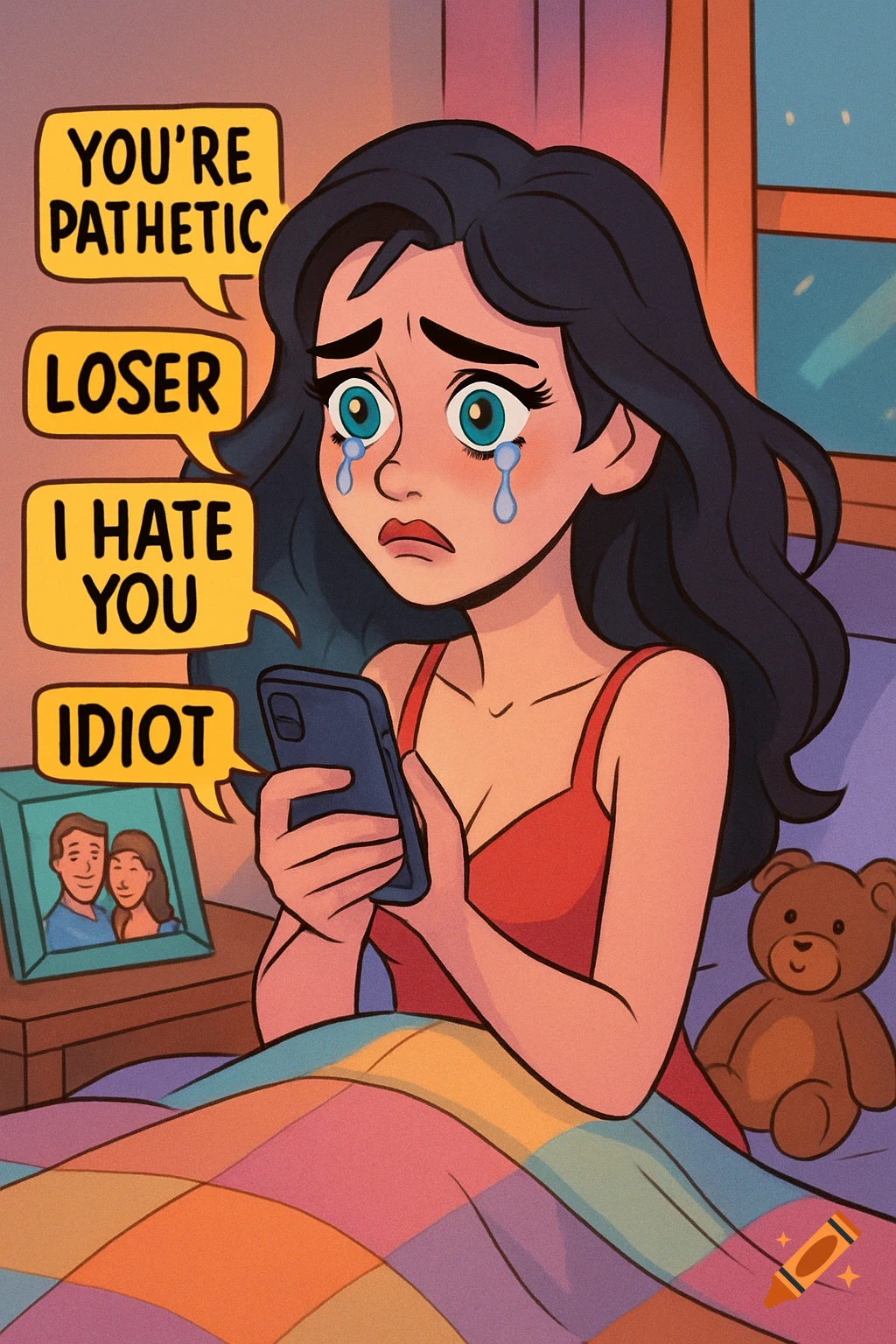 A cartoon illustration of a sad woman with dark hair and blue eyes, crying in bed while looking at unkind messages on her phone.