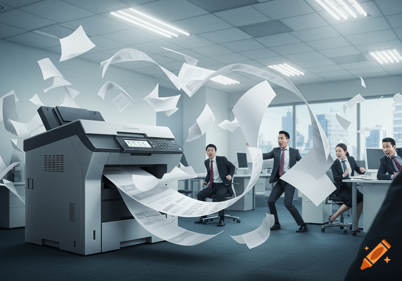 Terrified office workers scatter as a printer malfunctions, spewing paper chaotically across a modern office.