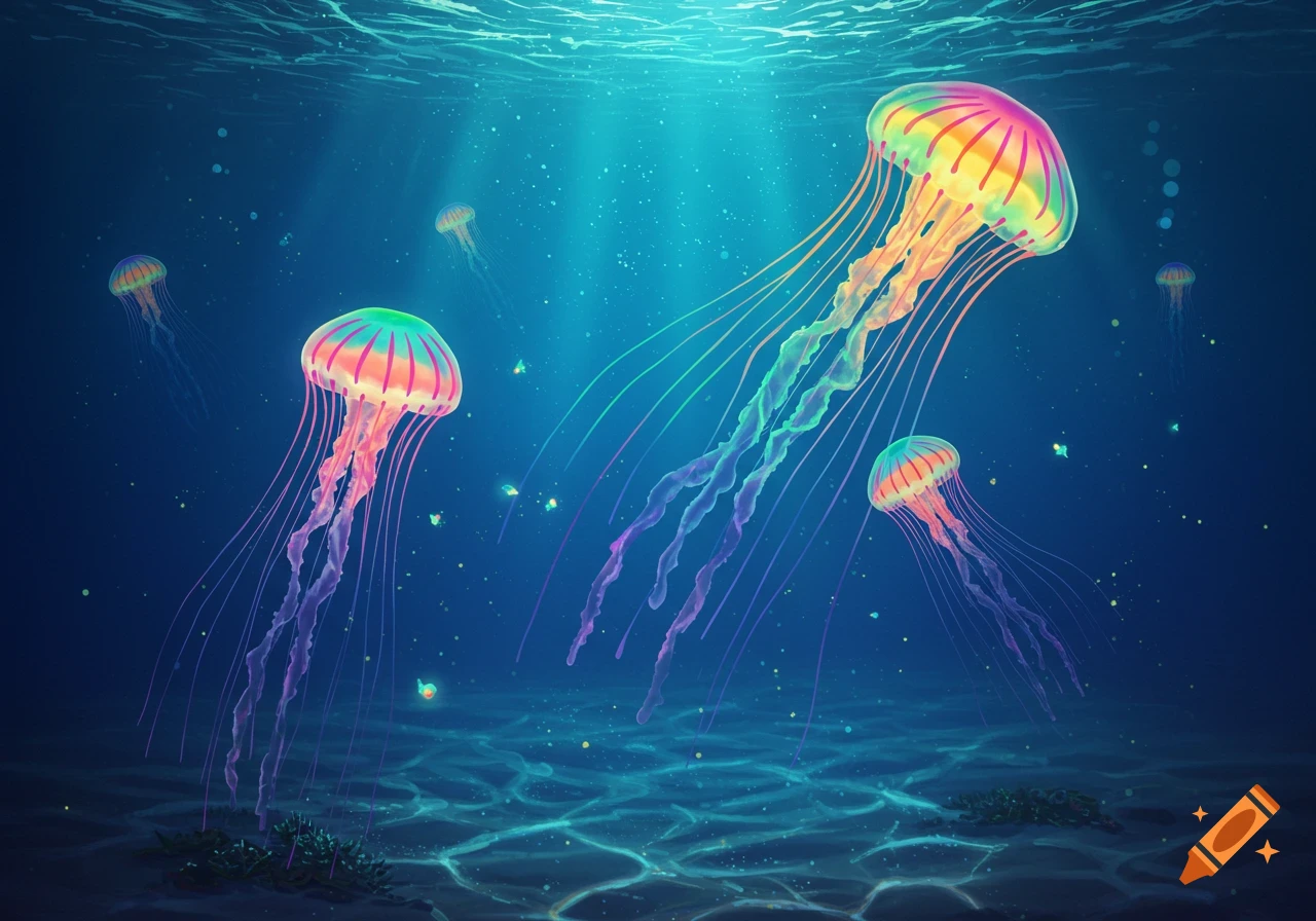 Vibrant rainbow jellyfish swim in a luminous blue underwater ocean, illuminated by light rays from the surface.