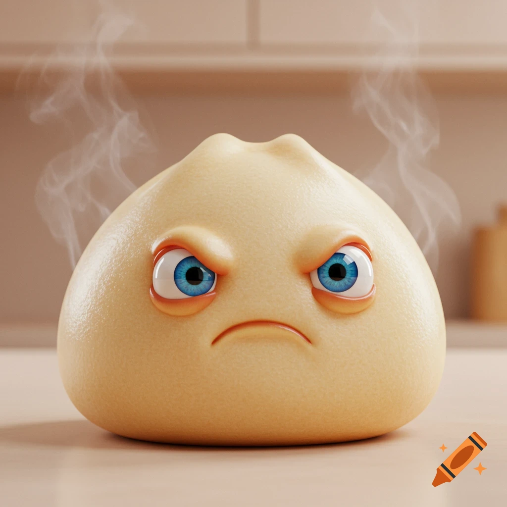 A realistic cartoony bao bun with blue eyes, an angry expression, and steam rising from its head.
