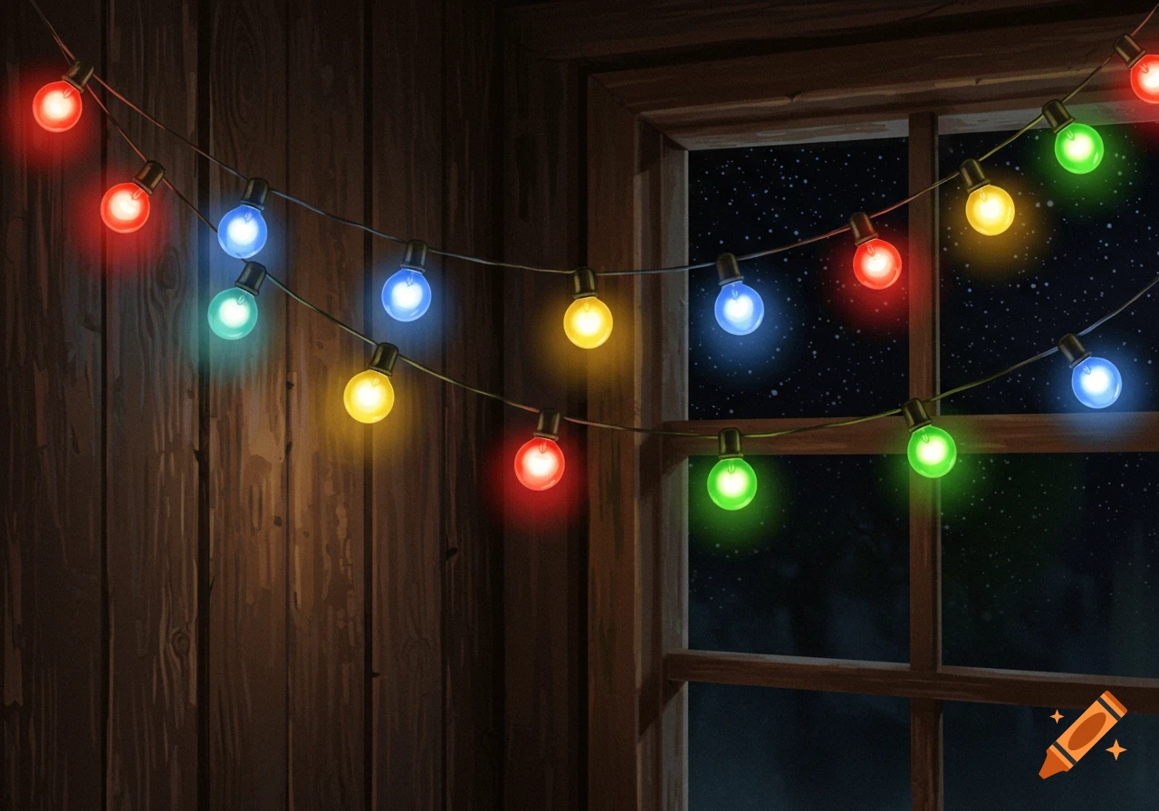 A string of colorful fairy lights illuminates a rustic wooden wall and a window showing a starry night.