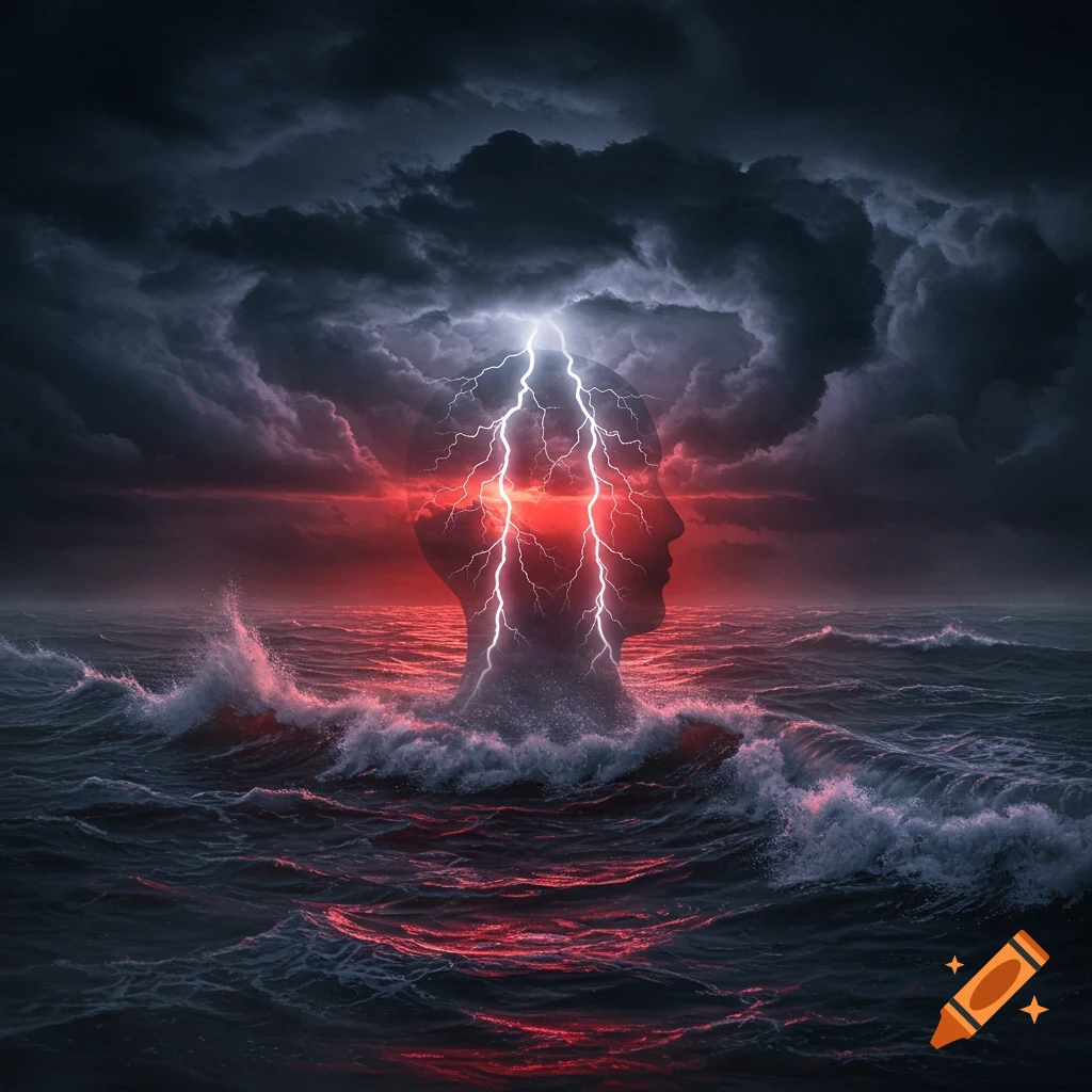 Dramatic human head silhouette emerging from dark, red-tinged stormy seas, with lightning striking the head under a turbulent sky.