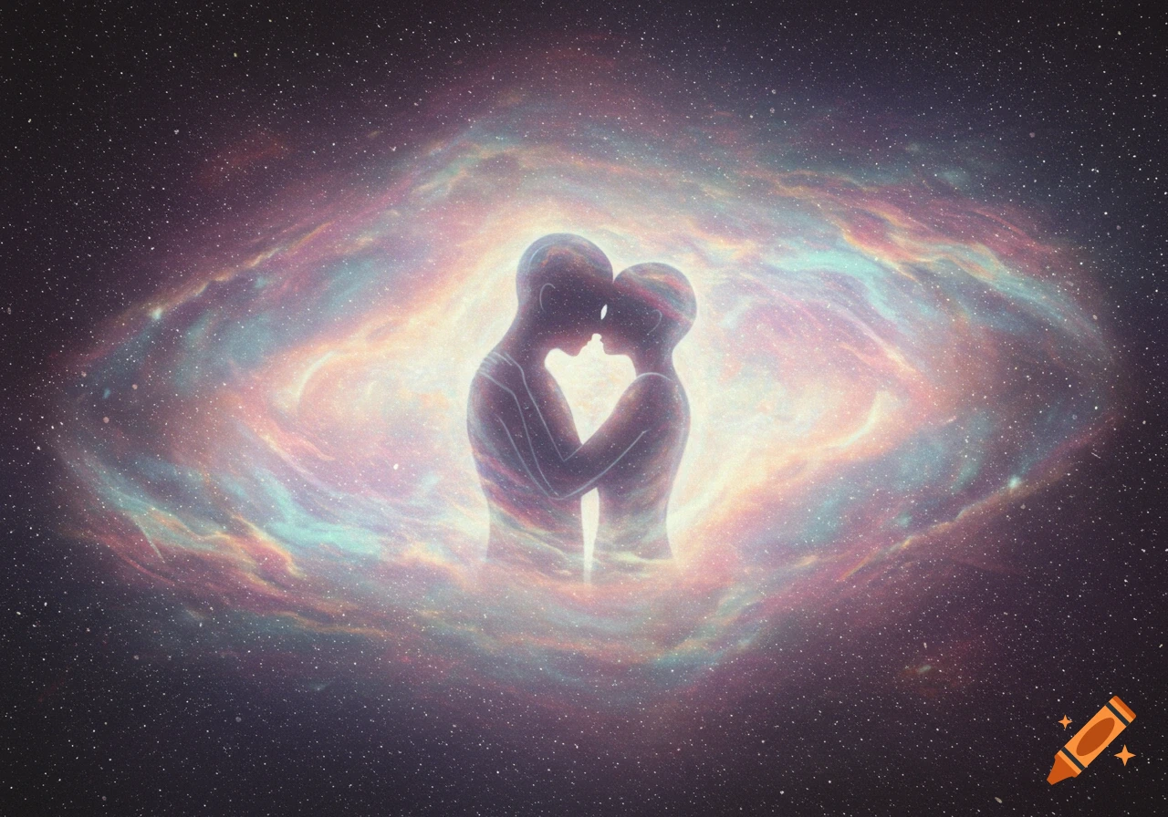 Two ethereal, translucent figures embrace in the center of a swirling, colorful galaxy filled with stars, symbolizing cosmic connection.