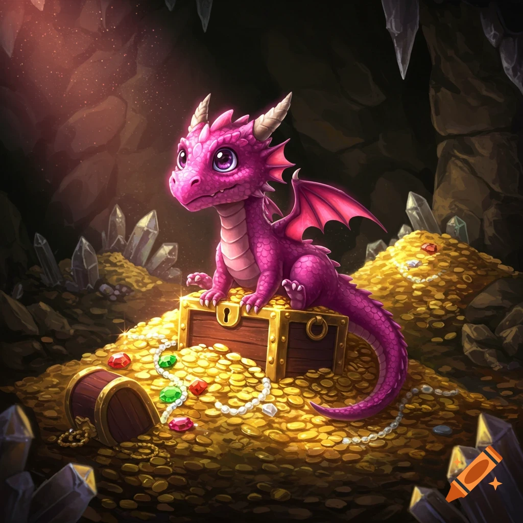 A cute pink magenta baby dragon sits on a treasure chest overflowing with gold coins and jewels in a dark cave.