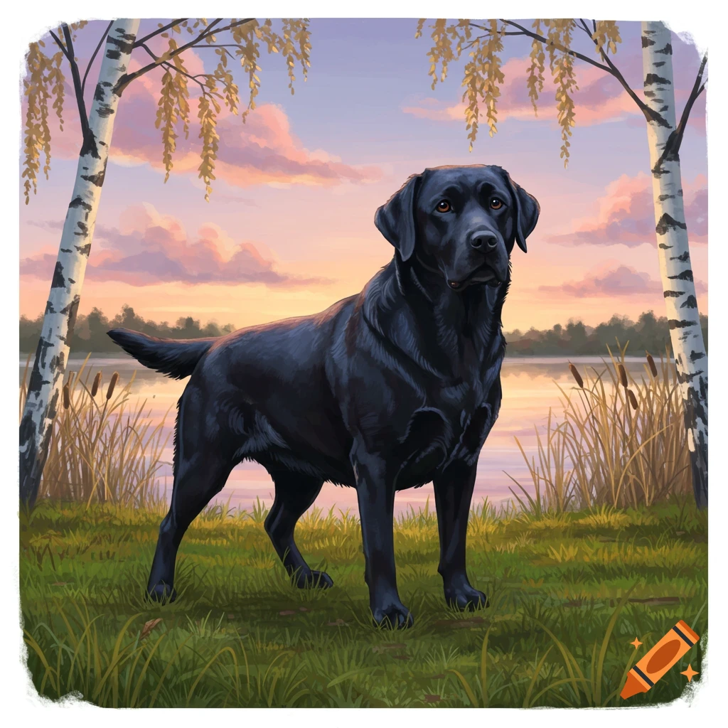 A black Labrador stands in green grass by a calm lake with birch trees at sunset, in an illustrated style.