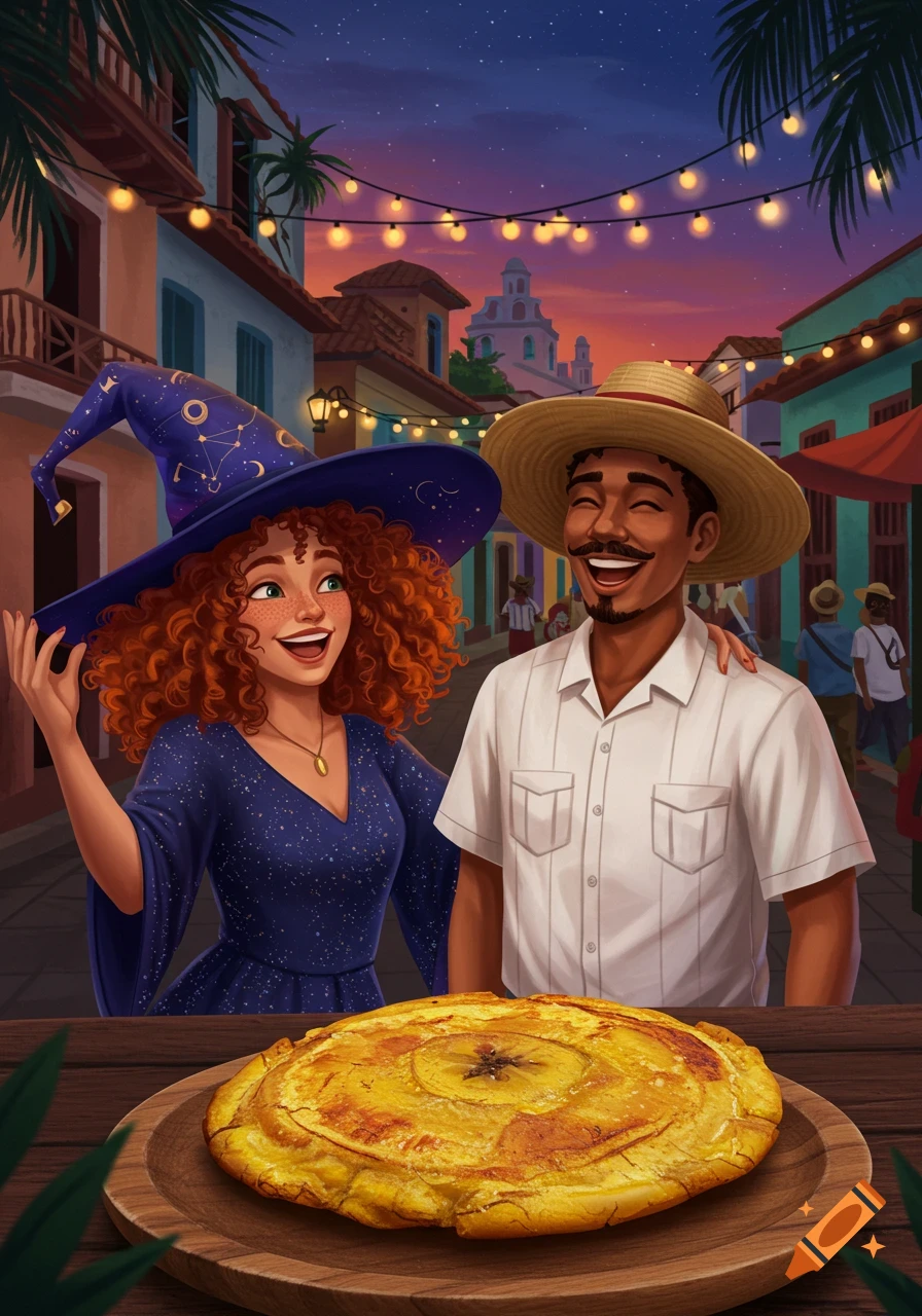 A witch with curly red hair and a man in a straw hat smiling in a festive street at sunset, with a fried plantain in the foreground, digital illustration.