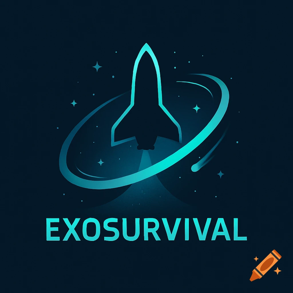 A stylized dark blue and cyan logo featuring a rocket ship encircled by an orbit line and stars, with 'EXOSURVIVAL' text below.