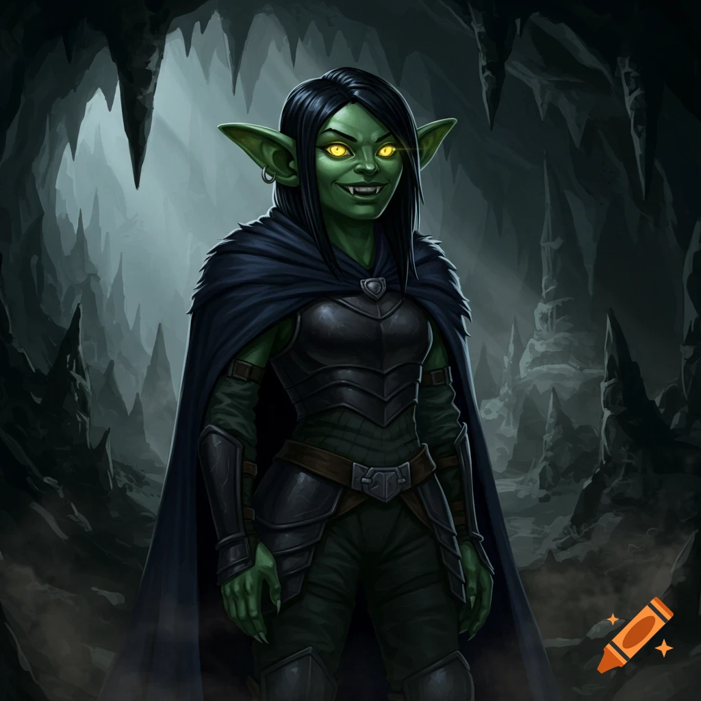 A green-skinned goblin woman with bright yellow eyes, fangs, and a dark cloak stands in a cave.