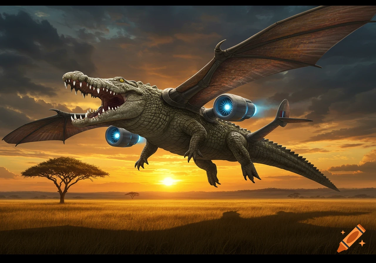 A majestic flying crocodile with jet engines and dragon-like wings soars over a golden savanna at sunset.