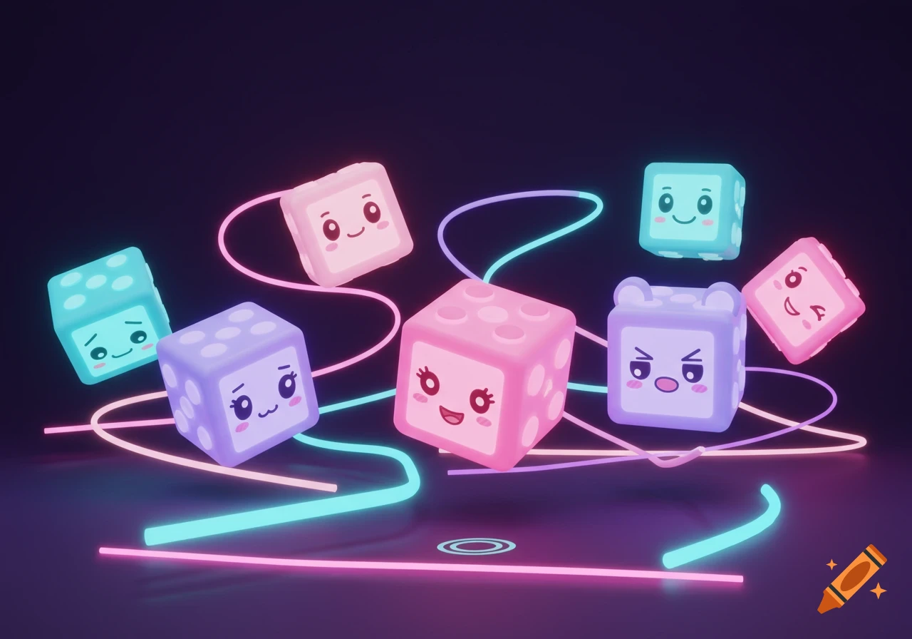 Vibrant 3D rendered blocks with cute anime faces and glowing neon lines float on a dark background.