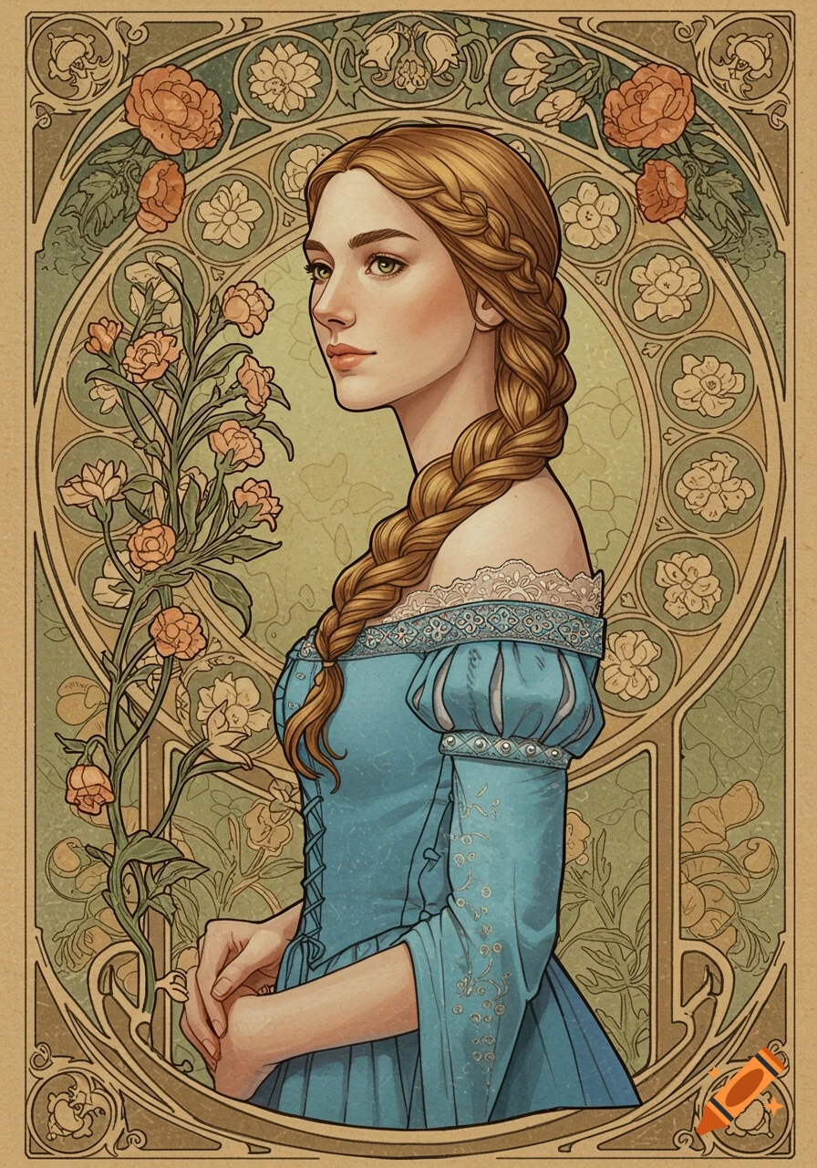 Art Nouveau portrait of a medieval princess in a blue dress with a blonde braid, framed by floral motifs.