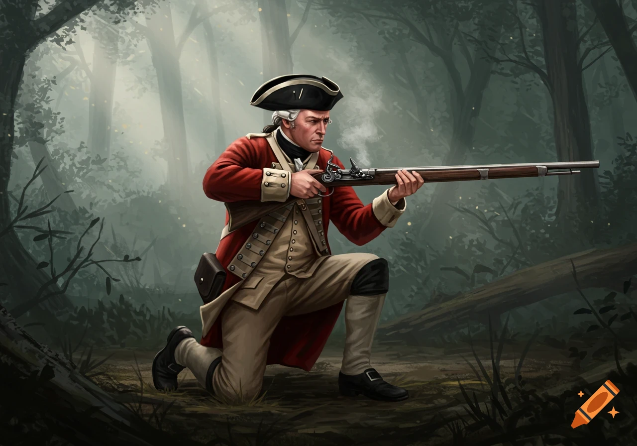 A colonial redcoat soldier kneels in a misty forest, aiming a musket.