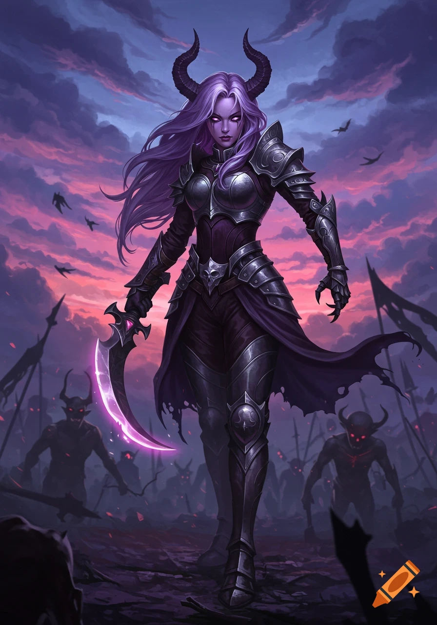 A purple-haired demon slayer in dark armor with horns holds a glowing blade, surrounded by shadowy demons on a battlefield under a stormy sky.