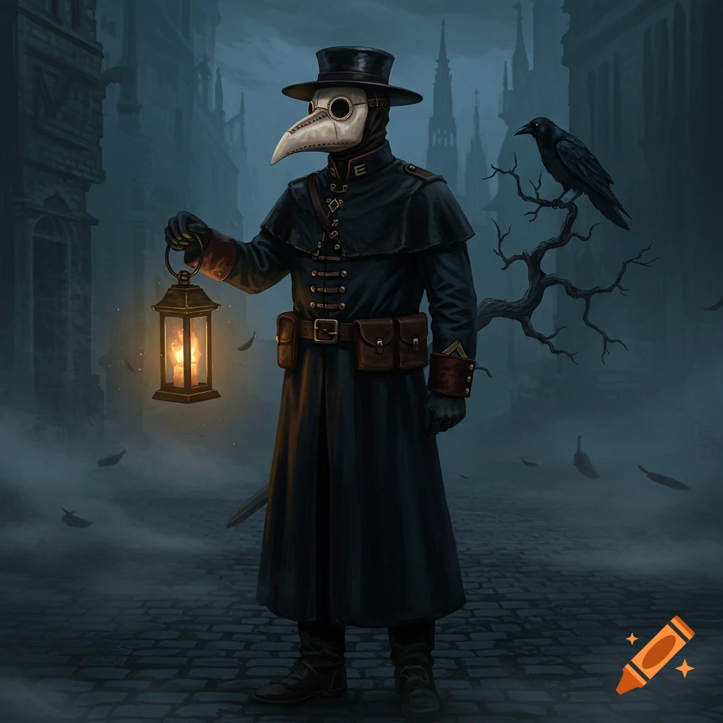 A plague doctor in a dark coat and bird-like mask holds a lit lantern on a foggy street, with a crow nearby. Dark fantasy illustration.