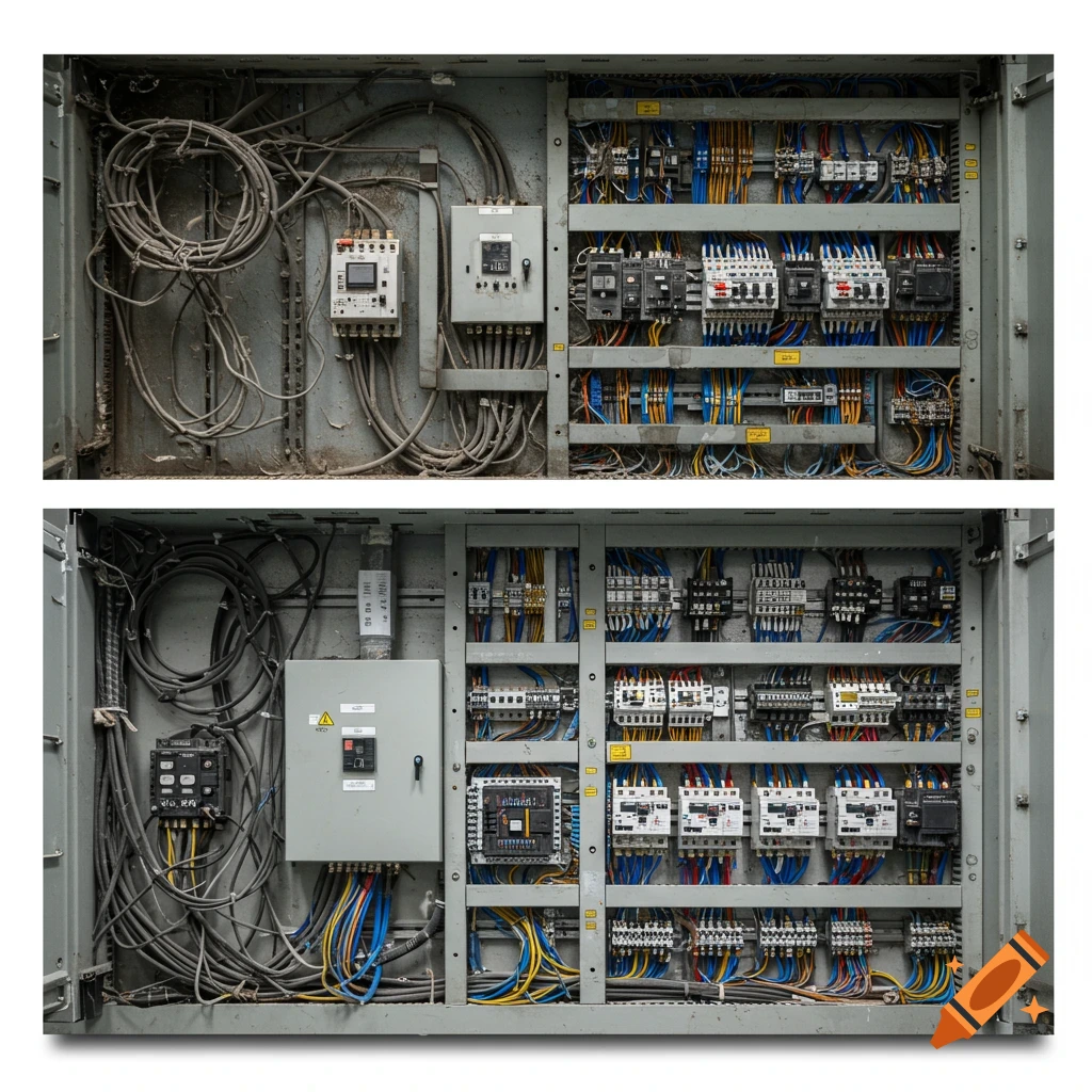 Photorealistic view of an electrical control panel with messy wiring (top) and organized wiring (bottom).