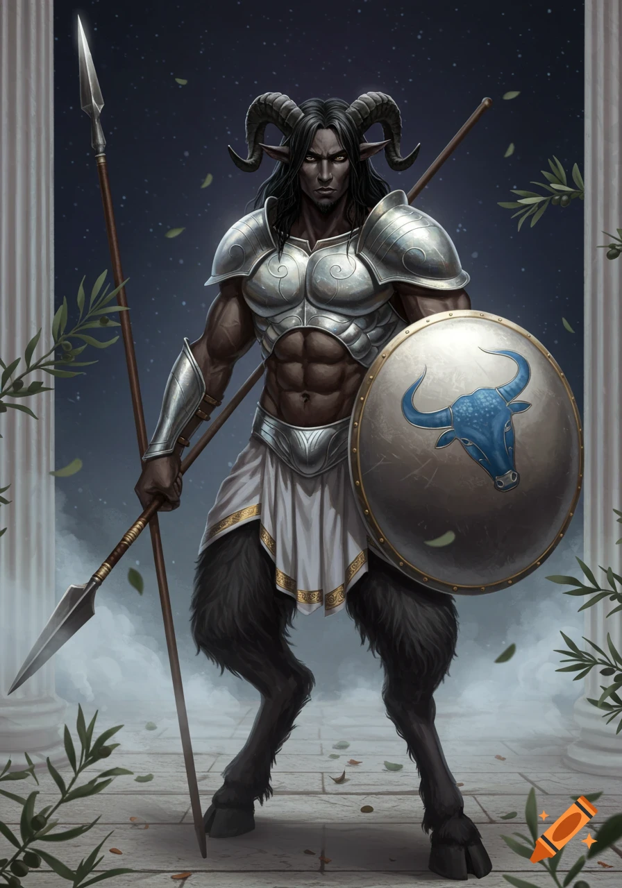 Dark-haired satyr warrior in silver armor holding a spear and a bronze shield with a blue bull emblem.