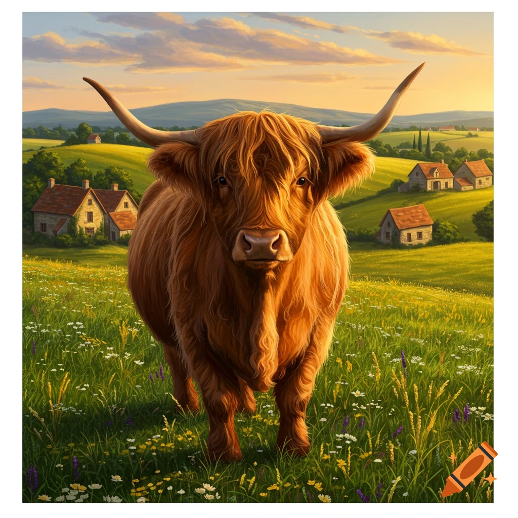 Fluffy brown Highland cow stands in a vibrant green meadow with wildflowers, houses, and rolling hills under a sunset sky.